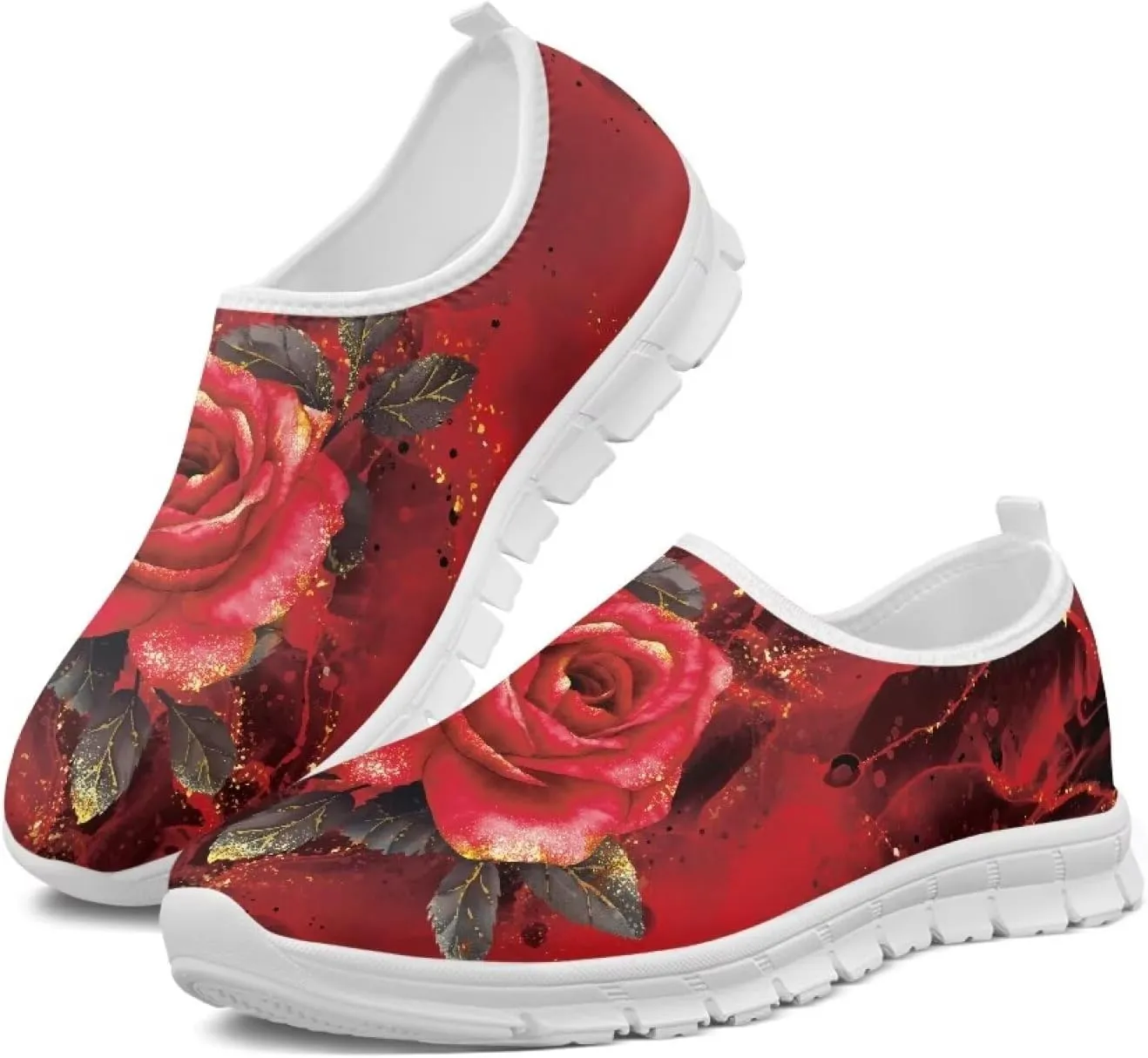 Rose Sneakers for Women Soft Low Top Casual Slip On Sneakers Breathable Non-Slip Athletic Holiday Walking Shoes for Teen Girls US 5.5-11.5