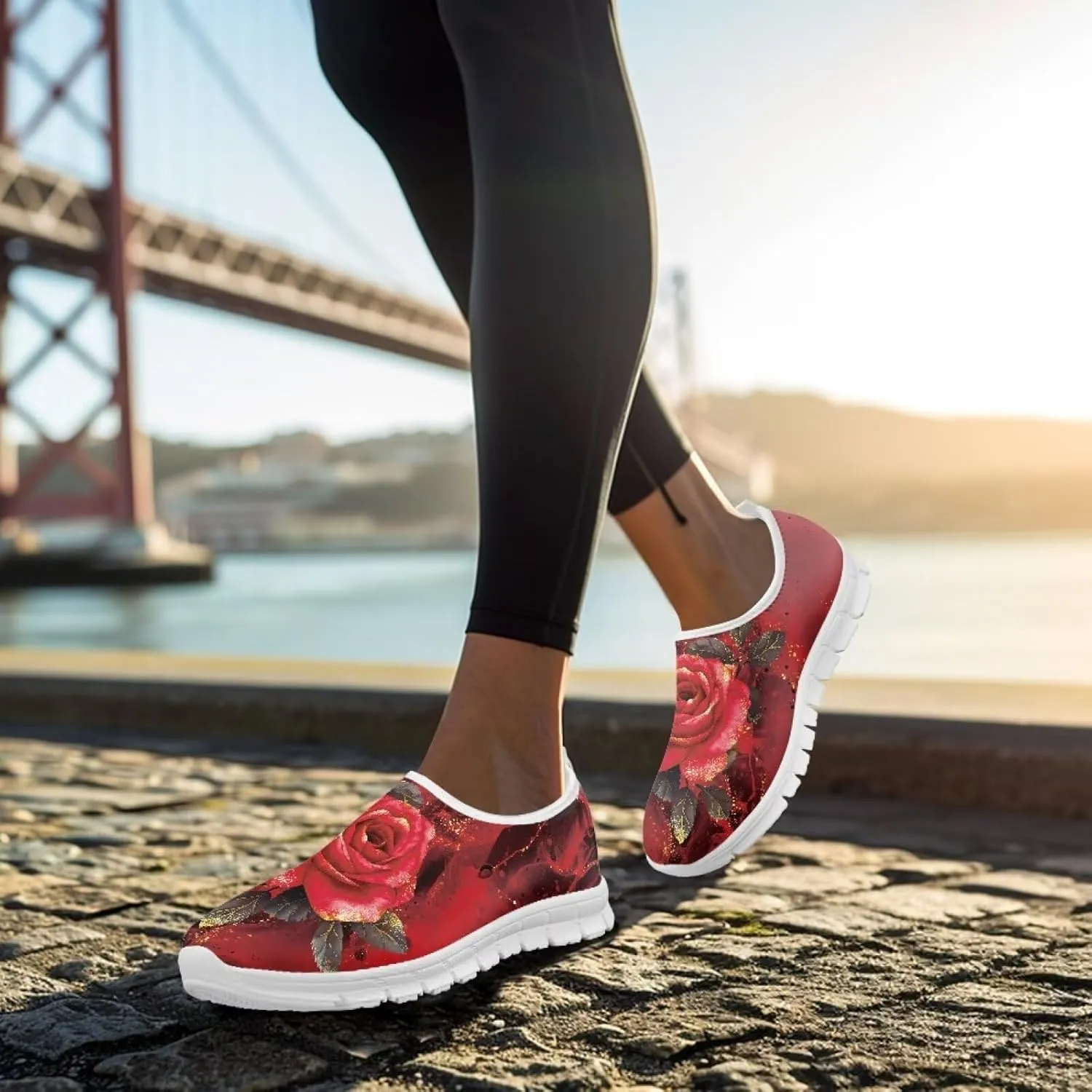Rose Sneakers for Women Soft Low Top Casual Slip On Sneakers Breathable Non-Slip Athletic Holiday Walking Shoes for Teen Girls US 5.5-11.5