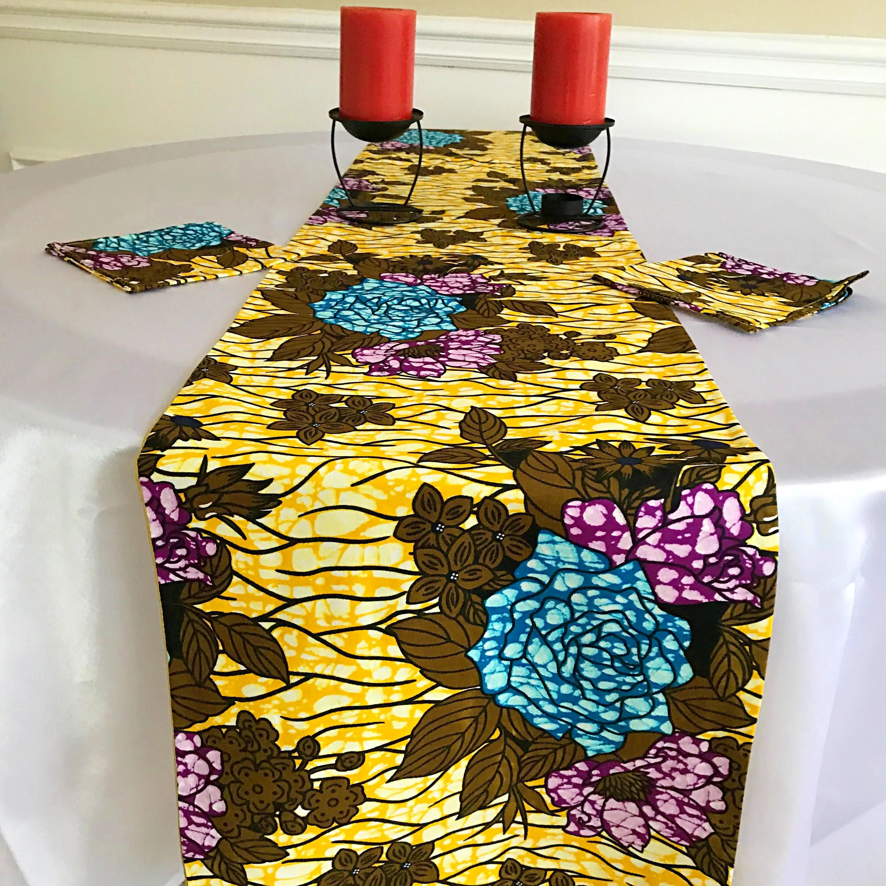 Salma African Print Table Runners with Napkins (Yellow/ Green/ Blue)