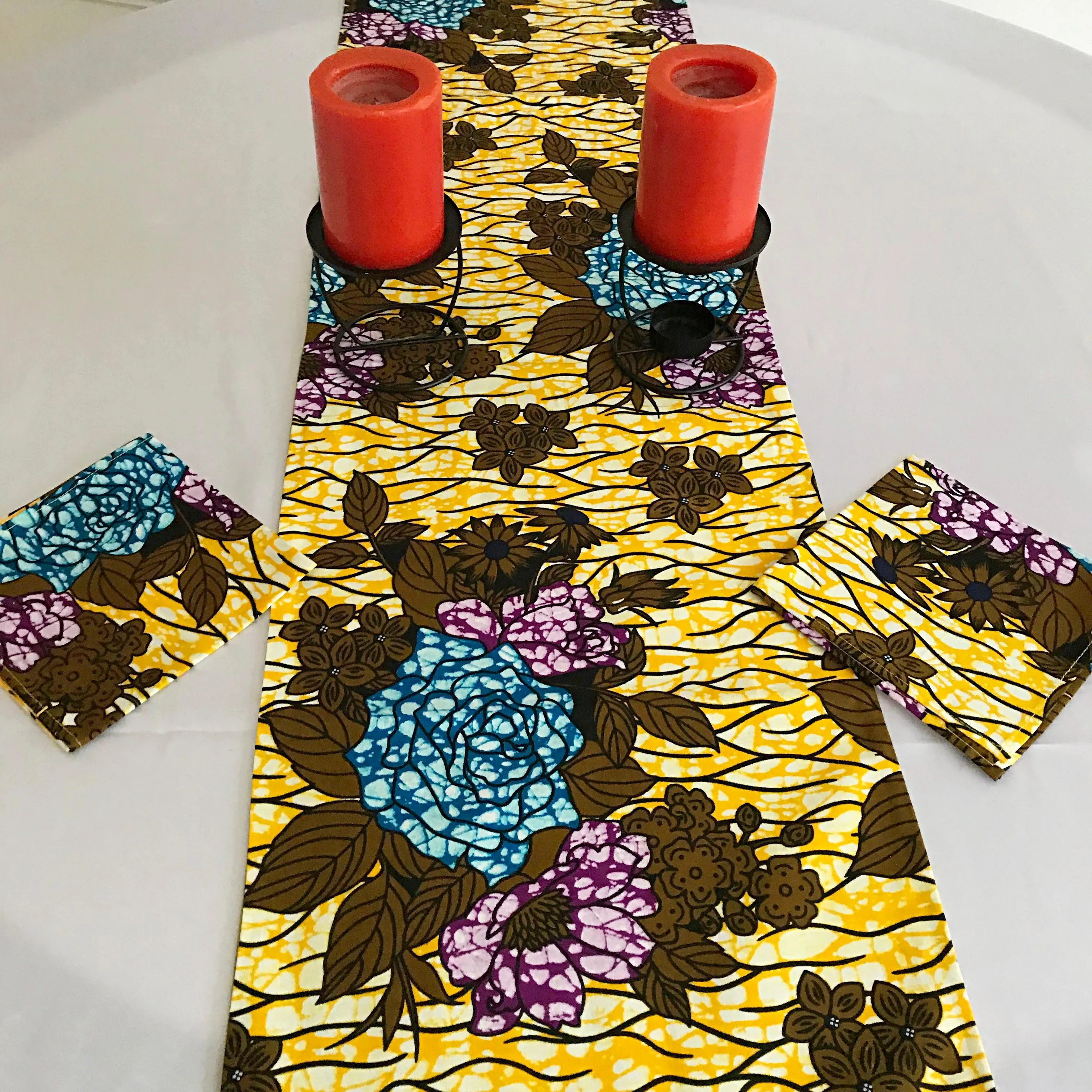 Salma African Print Table Runners with Napkins (Yellow/ Green/ Blue)