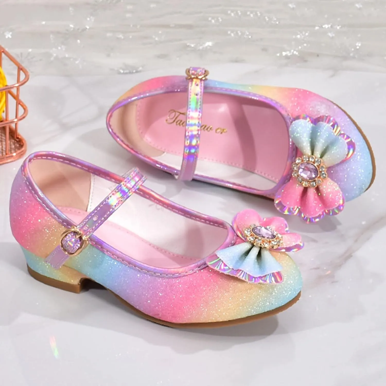 Sequins Bow High Heels Sandals For Girls Ankle Crb Dress Dance Shoes Little Kid Toddler Shoes Summer Strap