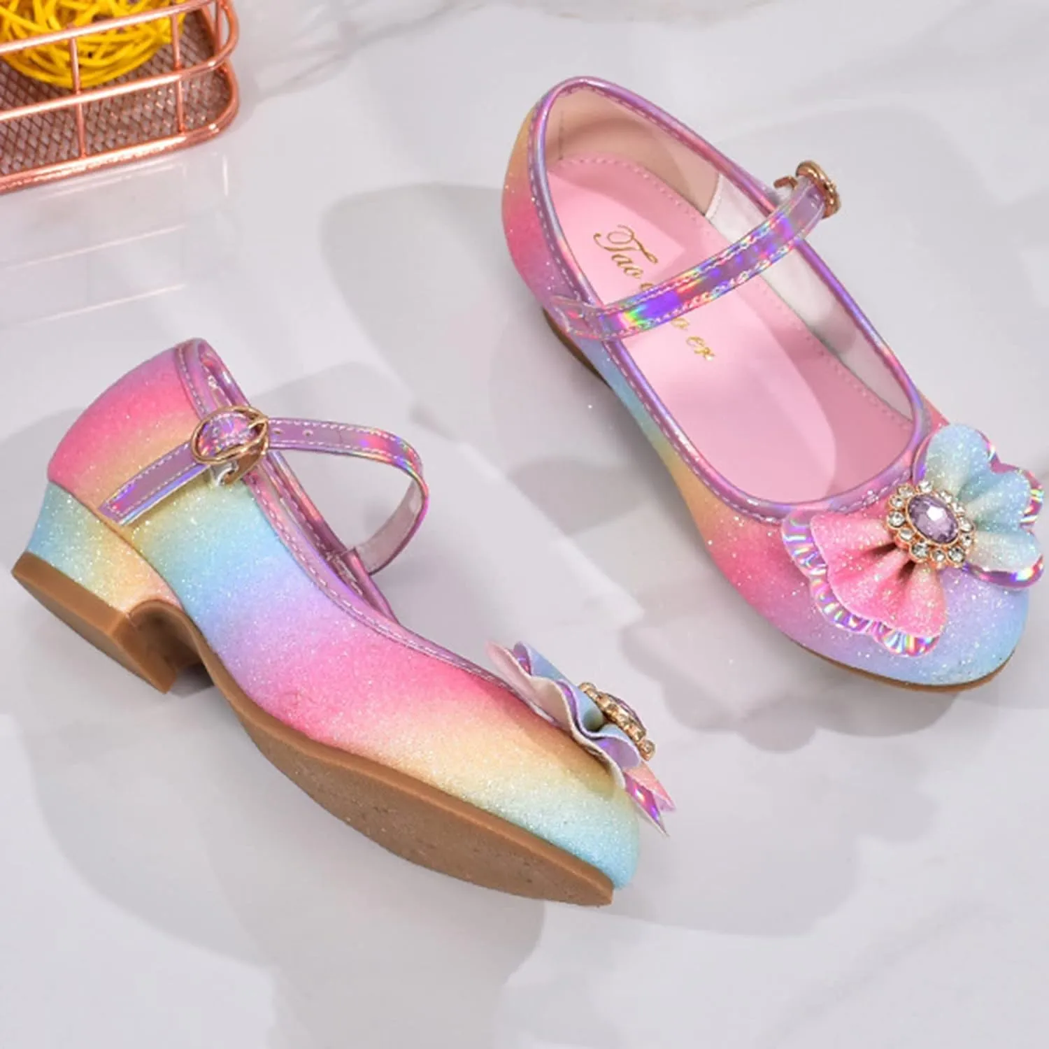 Sequins Bow High Heels Sandals For Girls Ankle Crb Dress Dance Shoes Little Kid Toddler Shoes Summer Strap