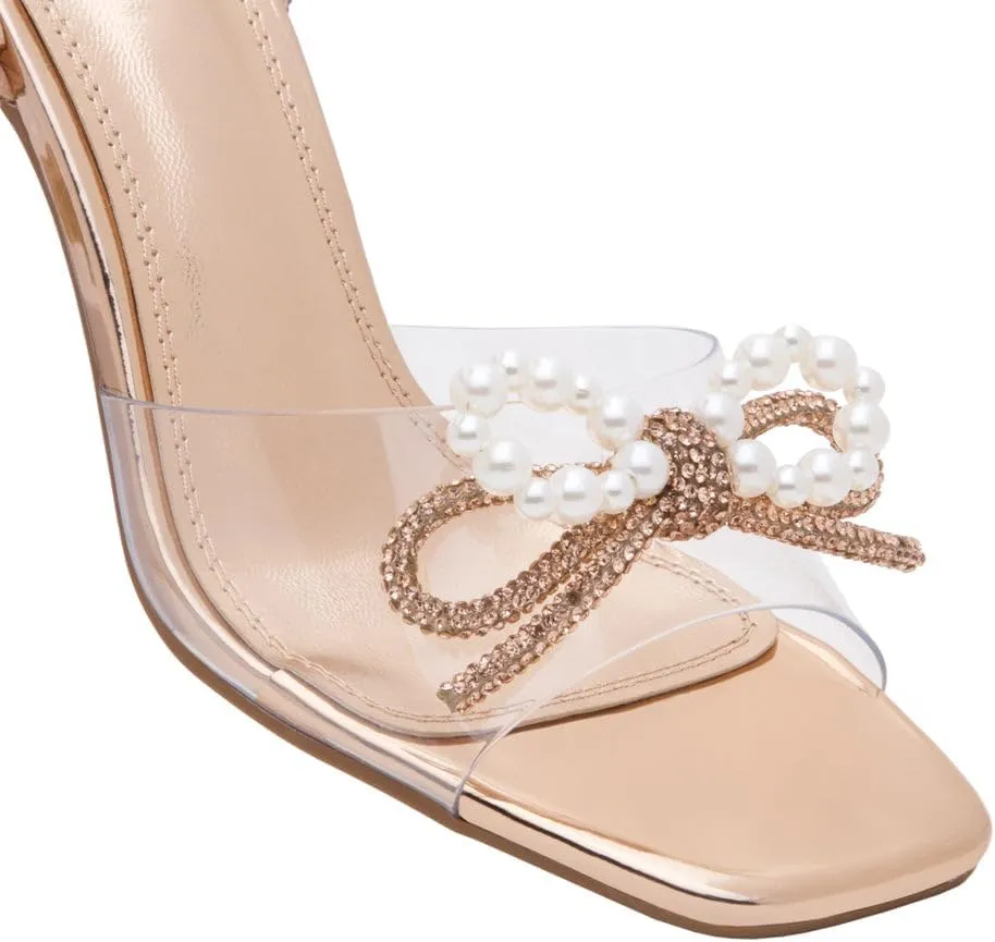 Shoe Land Womens Clear Rhinestone Bow Heels  Double Bowknot & Adjustable Ankle Strap | Crystal Stiletto High Heels with Square Open Toe for Wedding & Party