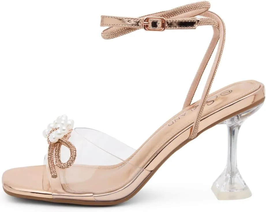 Shoe Land Womens Clear Rhinestone Bow Heels  Double Bowknot & Adjustable Ankle Strap | Crystal Stiletto High Heels with Square Open Toe for Wedding & Party