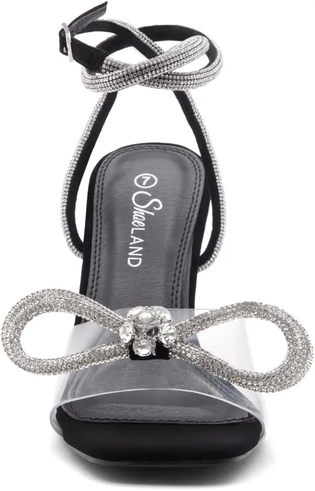 Shoe Land Womens Clear Rhinestone Bow Heels  Double Bowknot & Adjustable Ankle Strap | Crystal Stiletto High Heels with Square Open Toe for Wedding & Party