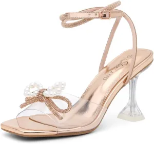 Shoe Land Womens Clear Rhinestone Bow Heels  Double Bowknot & Adjustable Ankle Strap | Crystal Stiletto High Heels with Square Open Toe for Wedding & Party