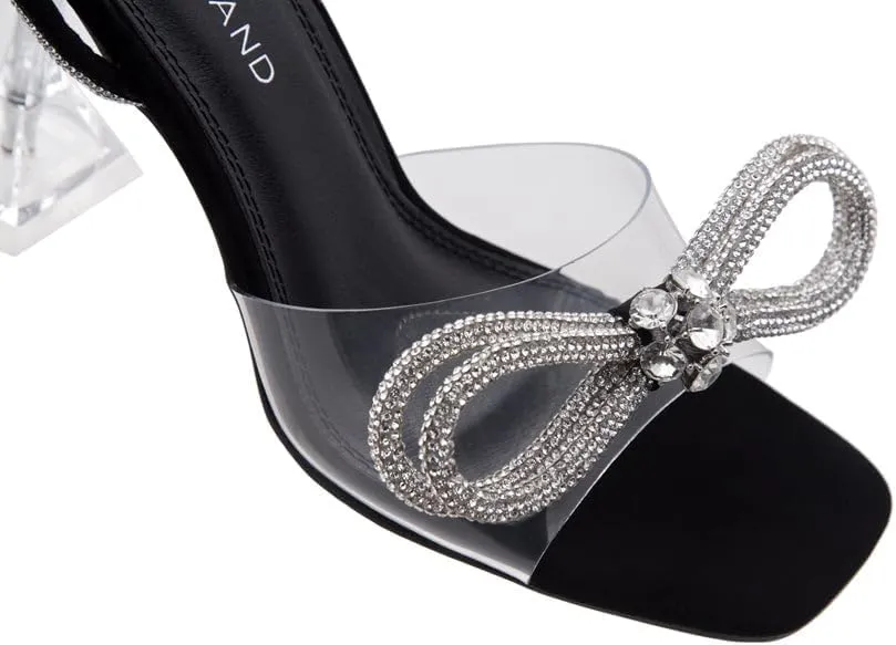Shoe Land Womens Clear Rhinestone Bow Heels  Double Bowknot & Adjustable Ankle Strap | Crystal Stiletto High Heels with Square Open Toe for Wedding & Party