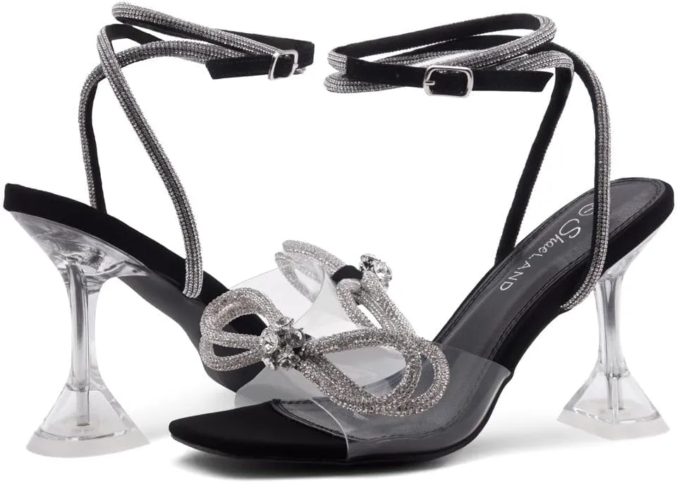 Shoe Land Womens Clear Rhinestone Bow Heels  Double Bowknot & Adjustable Ankle Strap | Crystal Stiletto High Heels with Square Open Toe for Wedding & Party