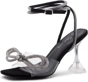 Shoe Land Womens Clear Rhinestone Bow Heels  Double Bowknot & Adjustable Ankle Strap | Crystal Stiletto High Heels with Square Open Toe for Wedding & Party