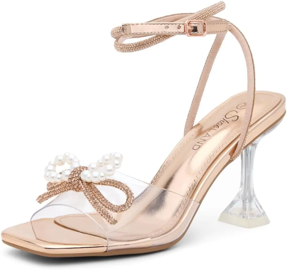Shoe Land Womens Clear Rhinestone Bow Heels  Double Bowknot & Adjustable Ankle Strap | Crystal Stiletto High Heels with Square Open Toe for Wedding & Party
