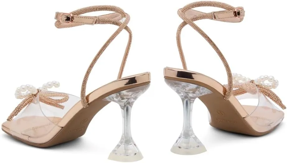 Shoe Land Womens Clear Rhinestone Bow Heels  Double Bowknot & Adjustable Ankle Strap | Crystal Stiletto High Heels with Square Open Toe for Wedding & Party