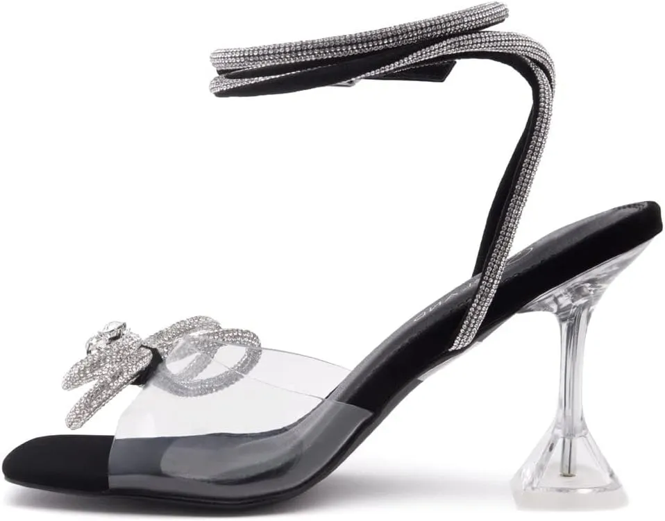 Shoe Land Womens Clear Rhinestone Bow Heels  Double Bowknot & Adjustable Ankle Strap | Crystal Stiletto High Heels with Square Open Toe for Wedding & Party
