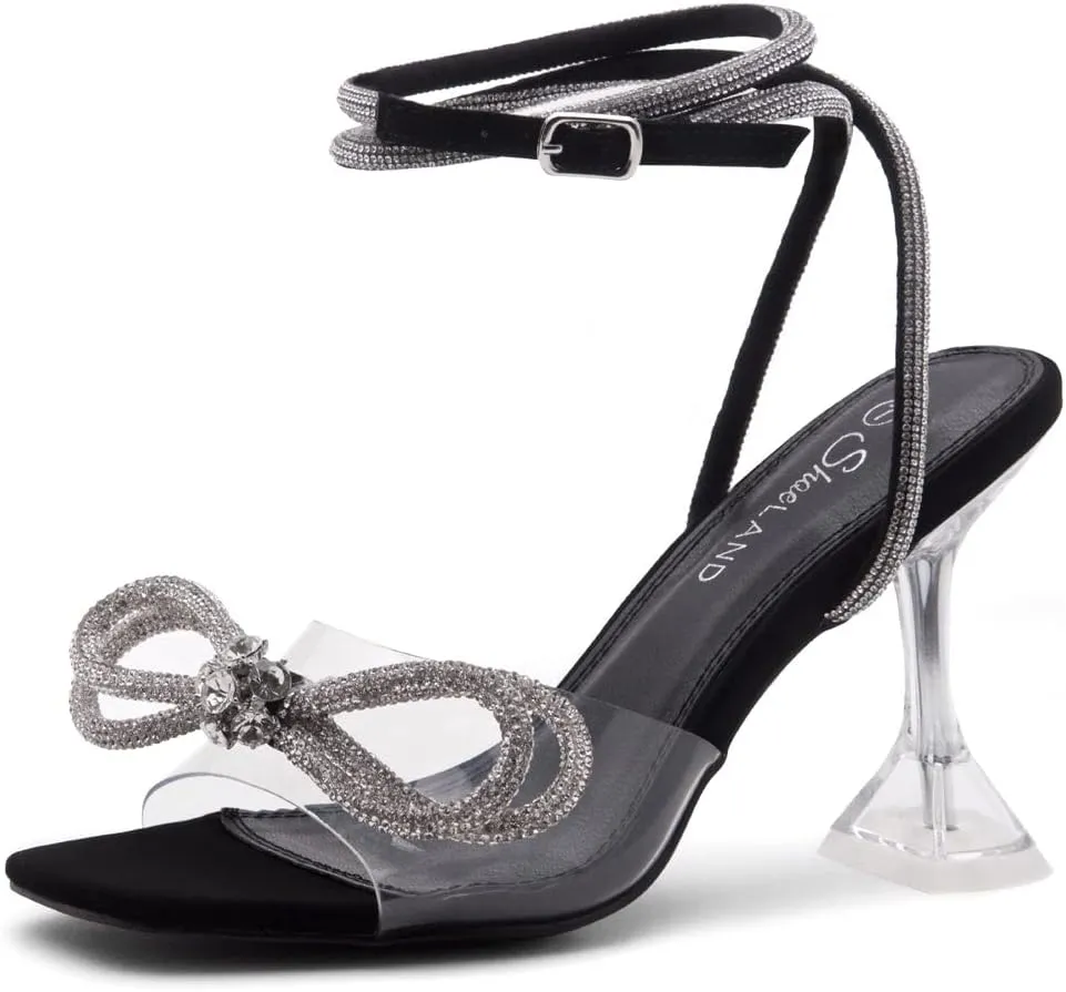 Shoe Land Womens Clear Rhinestone Bow Heels  Double Bowknot & Adjustable Ankle Strap | Crystal Stiletto High Heels with Square Open Toe for Wedding & Party