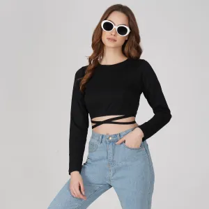 SLAY. Women's Black Full Sleeves Crop Top with Back Wrap around Strings