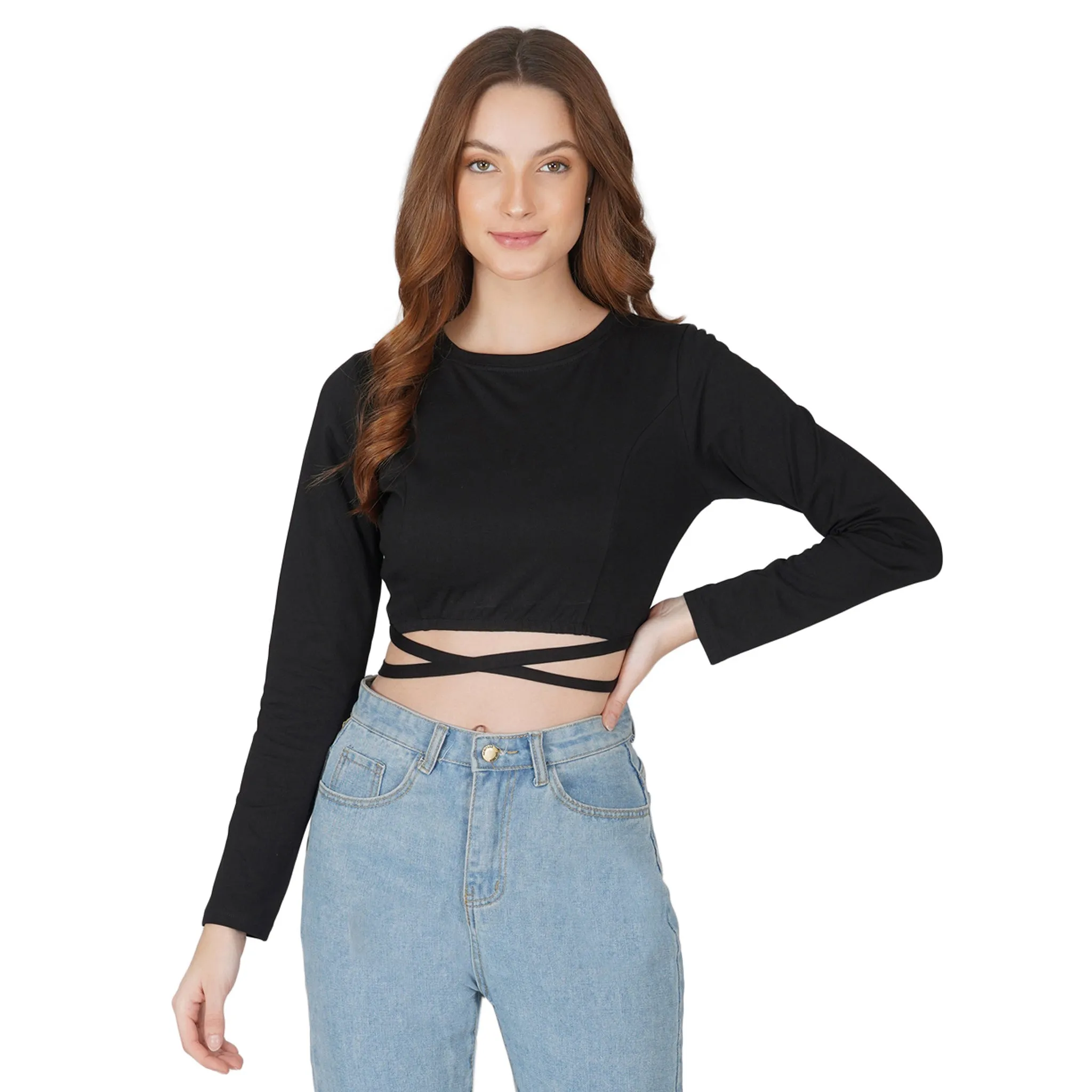 SLAY. Women's Black Full Sleeves Crop Top with Back Wrap around Strings