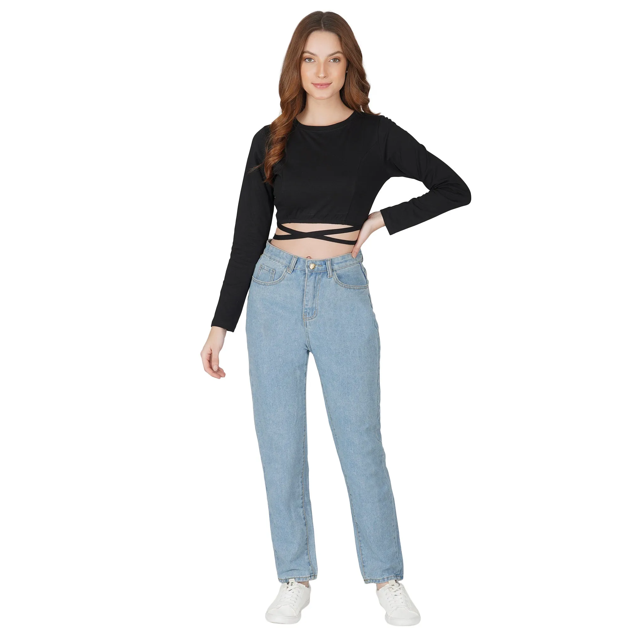 SLAY. Women's Black Full Sleeves Crop Top with Back Wrap around Strings