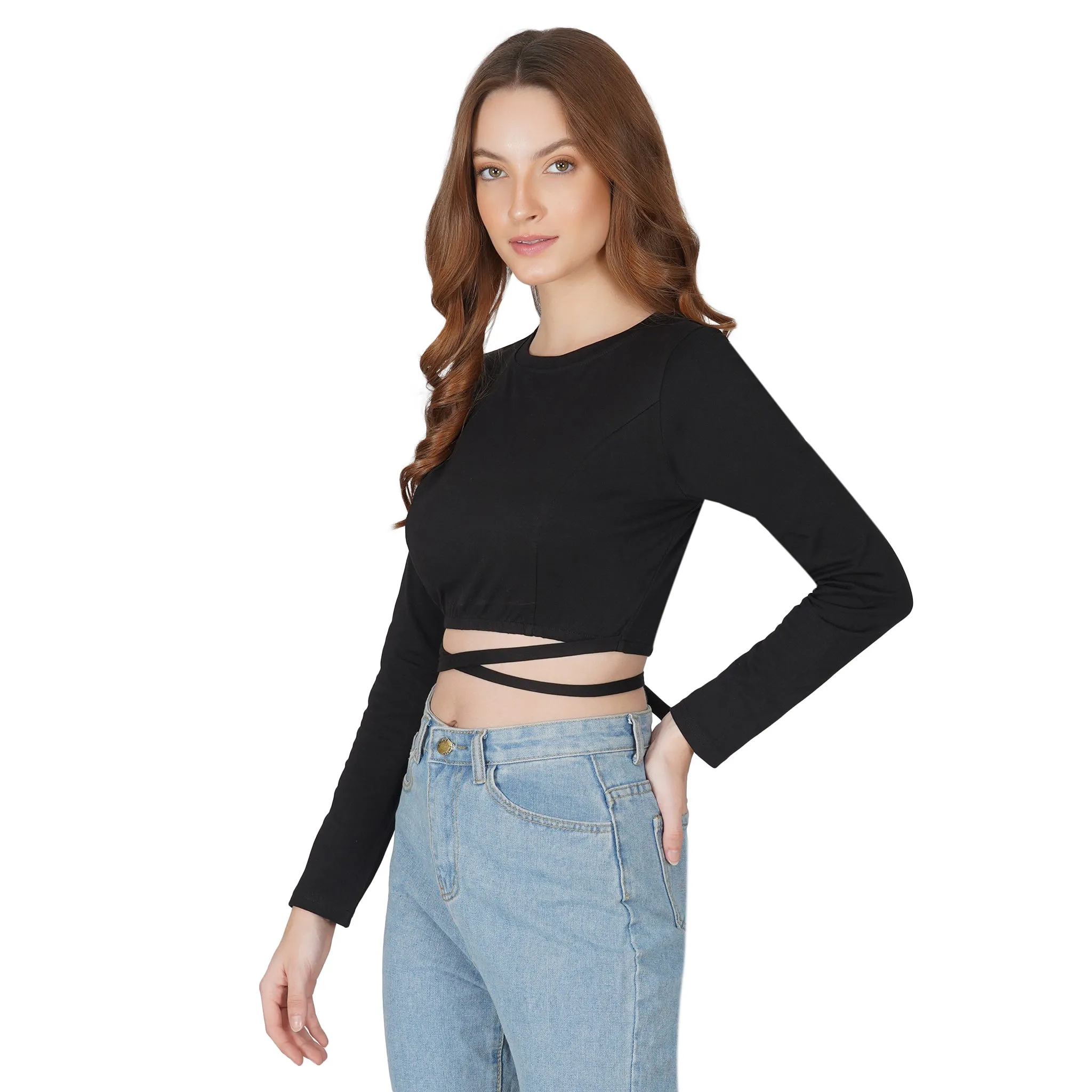 SLAY. Women's Black Full Sleeves Crop Top with Back Wrap around Strings