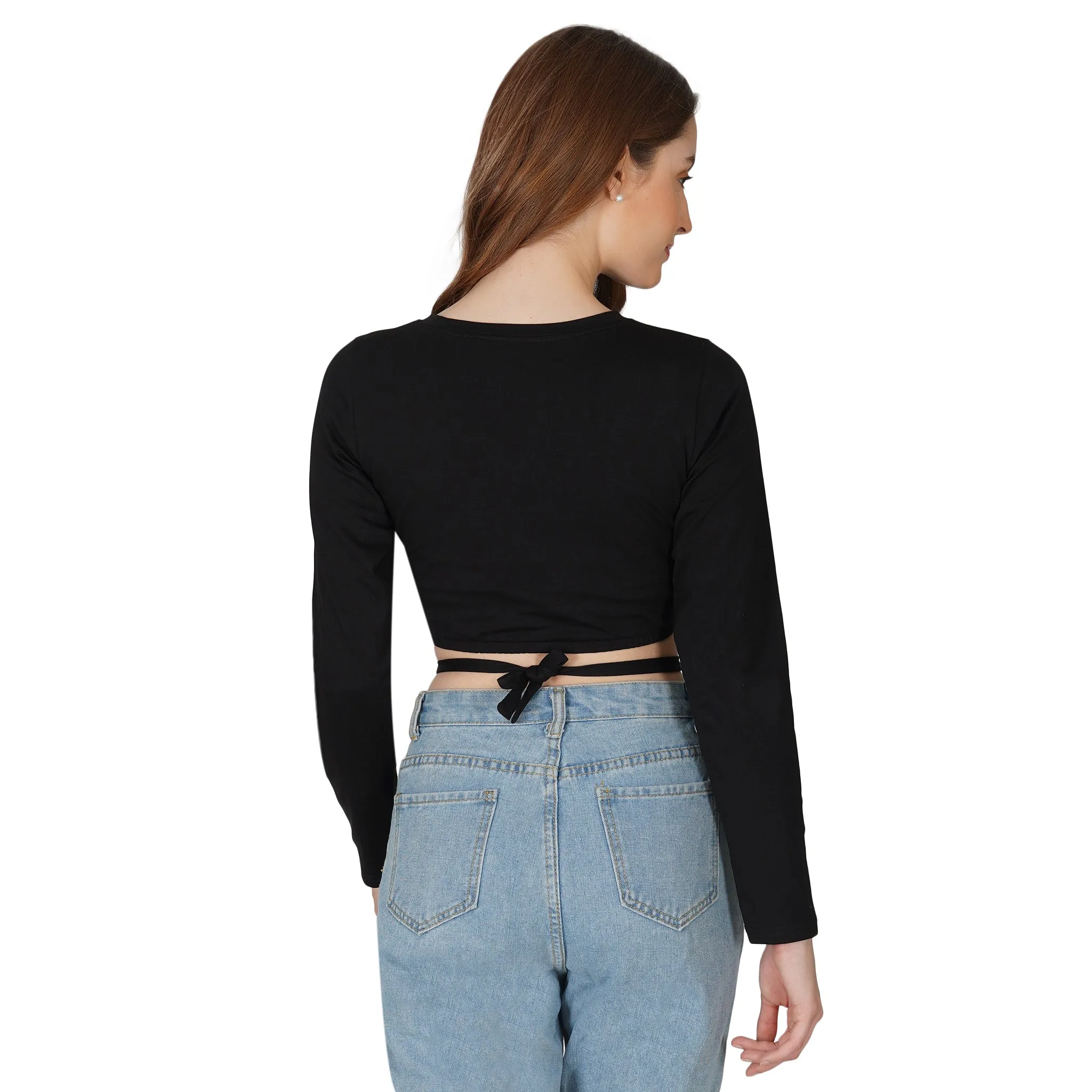 SLAY. Women's Black Full Sleeves Crop Top with Back Wrap around Strings