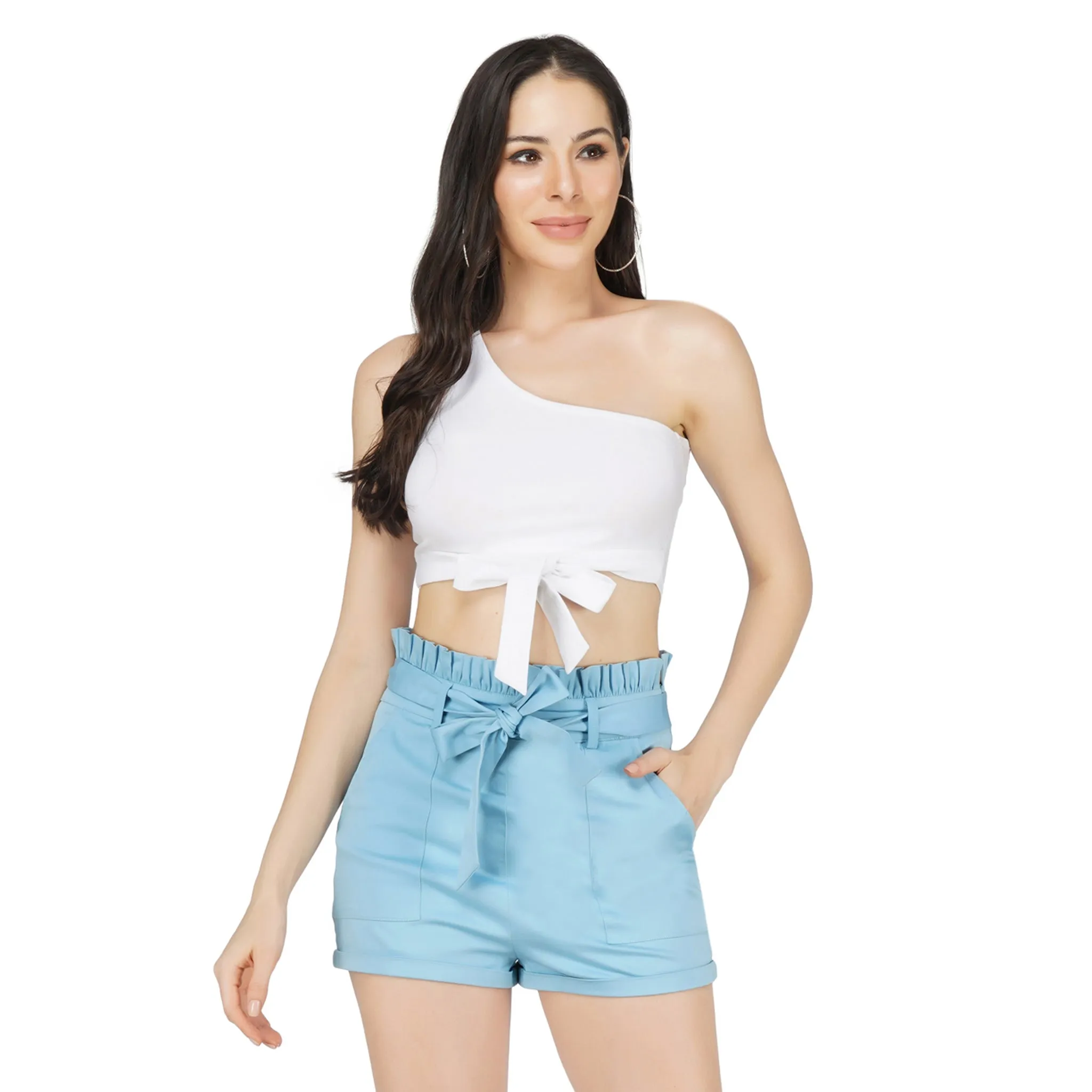 SLAY. Women's One shoulder White Crop Top with Bow