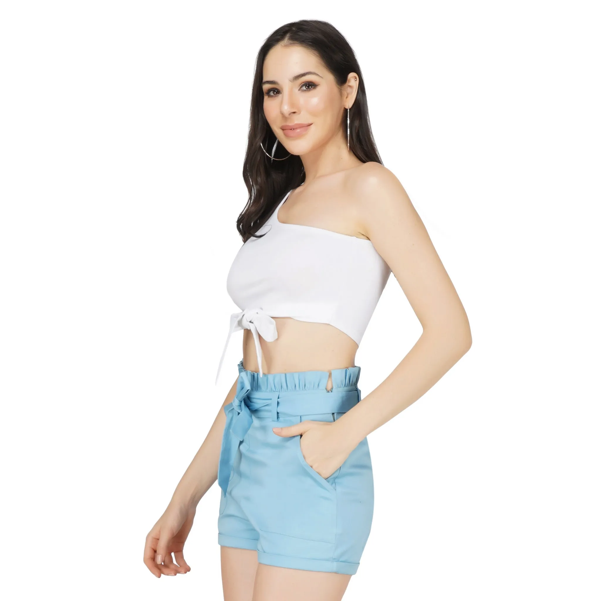 SLAY. Women's One shoulder White Crop Top with Bow