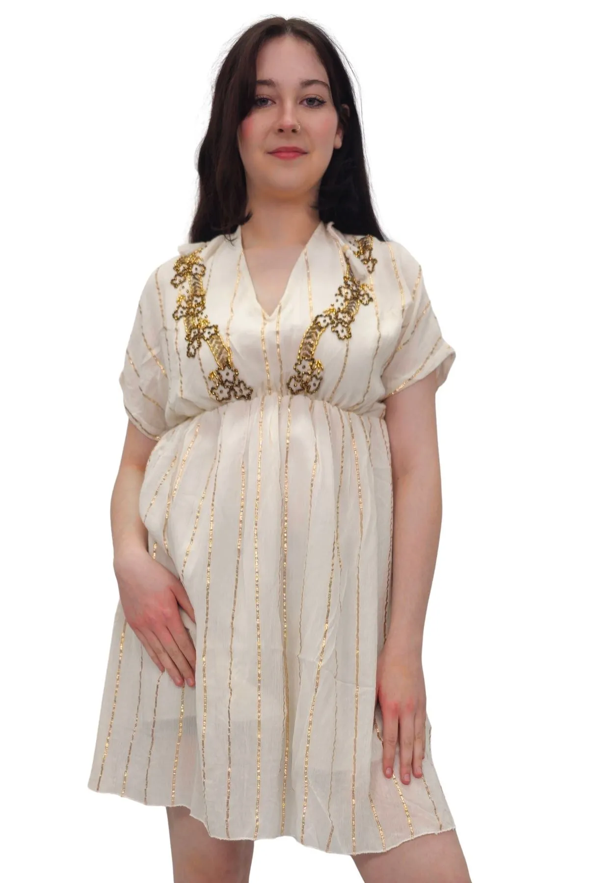 Star Beaded Embroidered Back Side Drawstring Dress