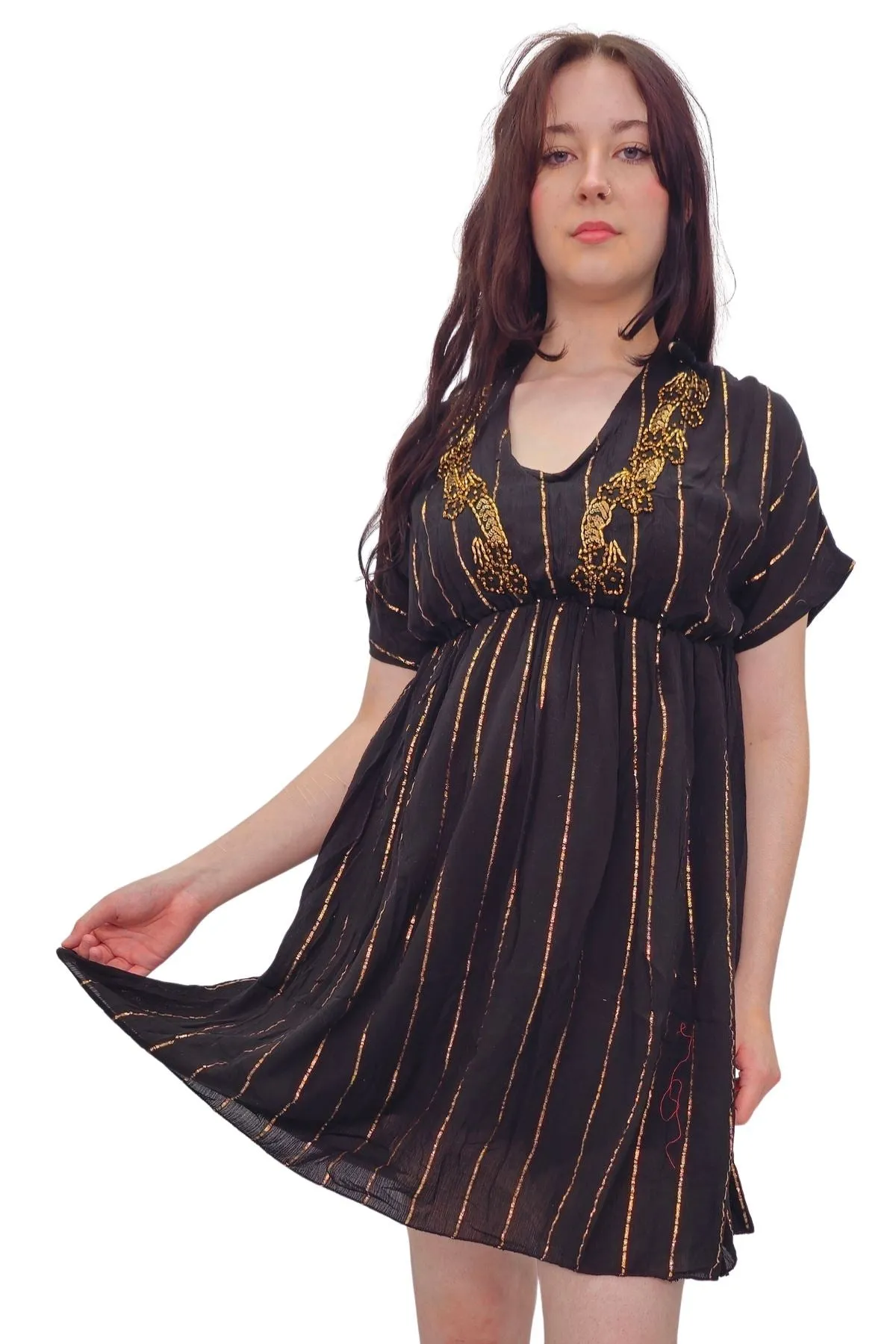 Star Beaded Embroidered Back Side Drawstring Dress