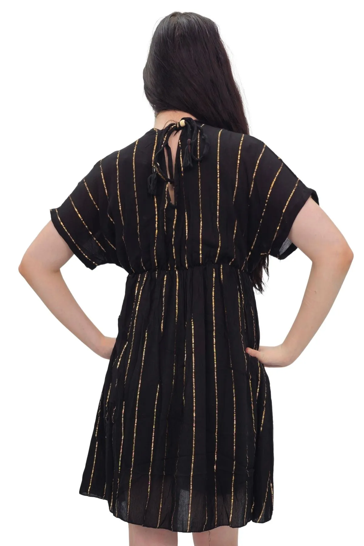 Star Beaded Embroidered Back Side Drawstring Dress