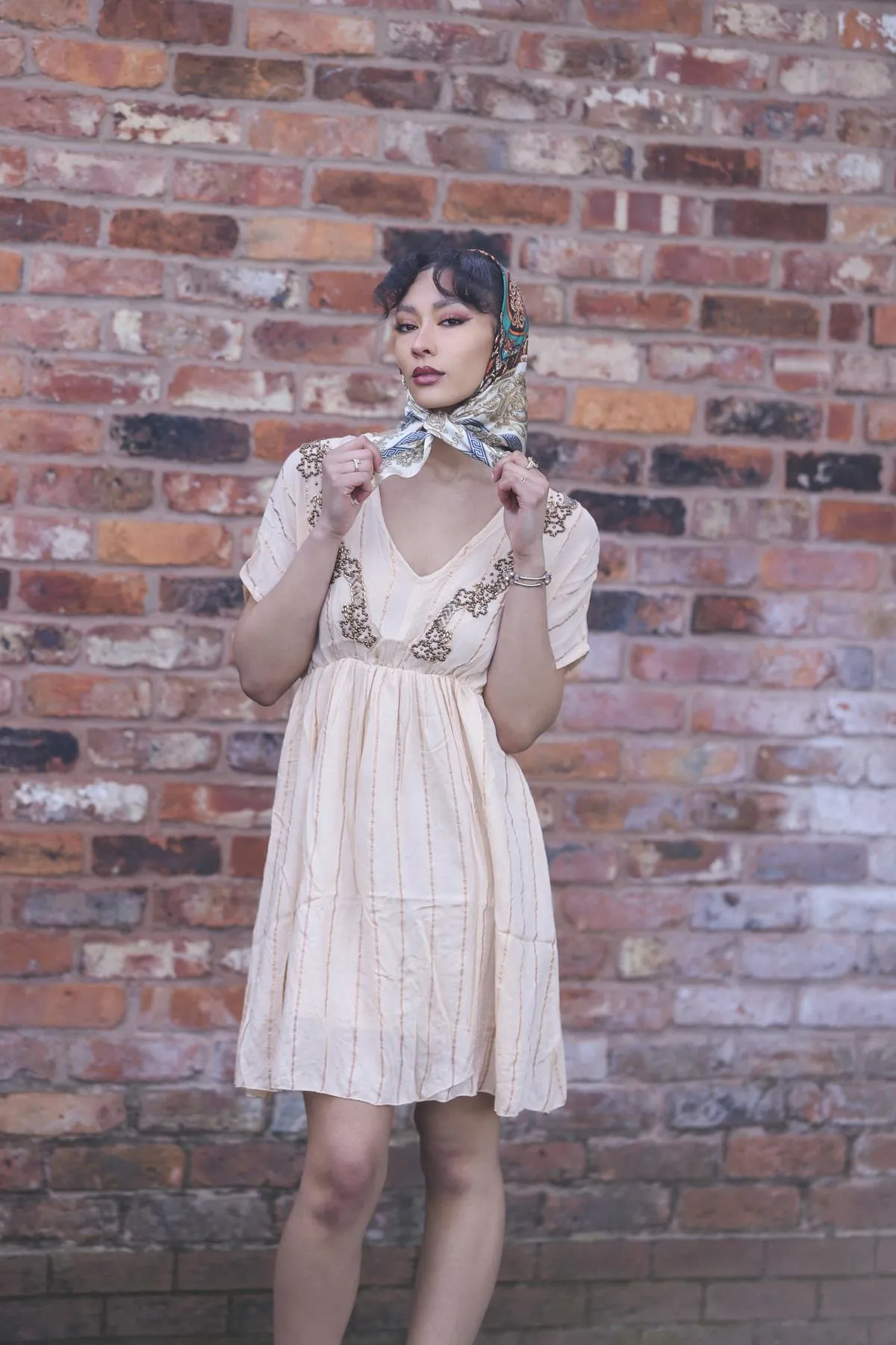 Star Beaded Embroidered Back Side Drawstring Dress