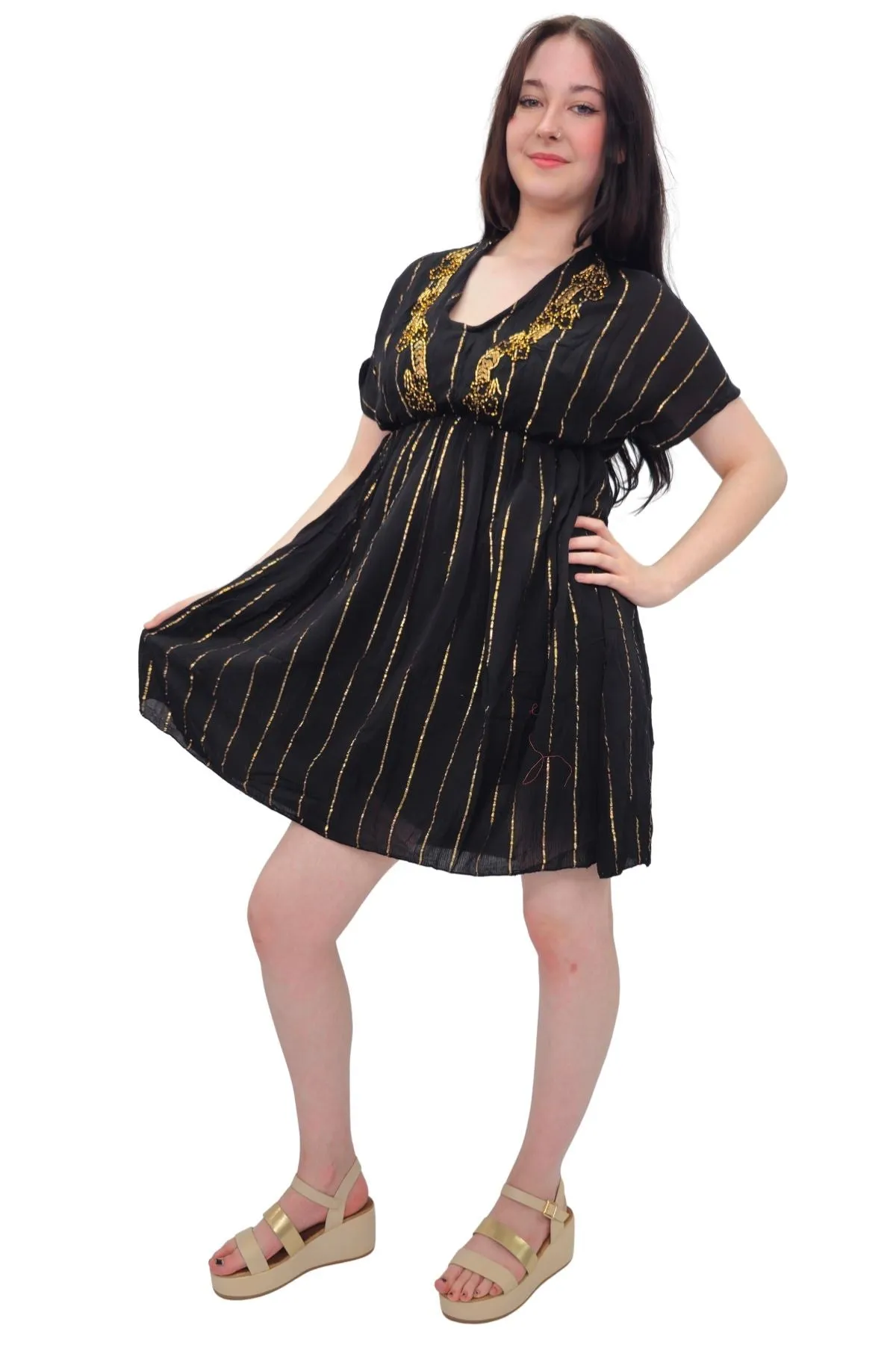 Star Beaded Embroidered Back Side Drawstring Dress