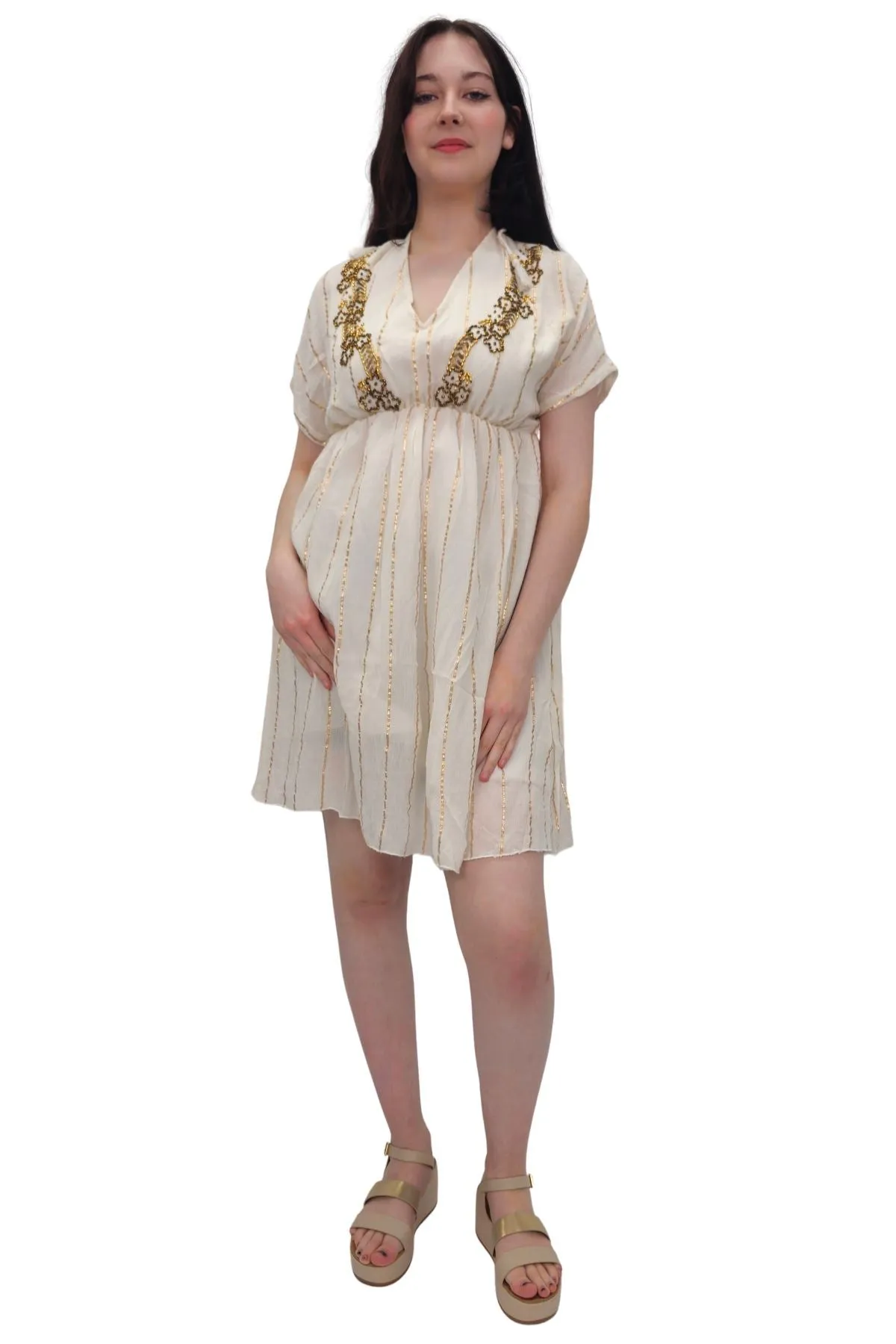 Star Beaded Embroidered Back Side Drawstring Dress