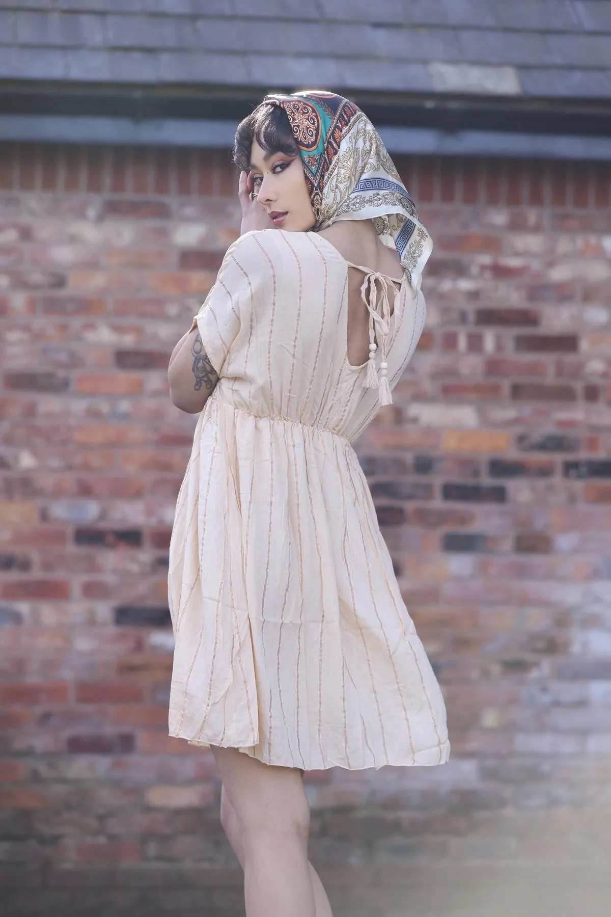 Star Beaded Embroidered Back Side Drawstring Dress