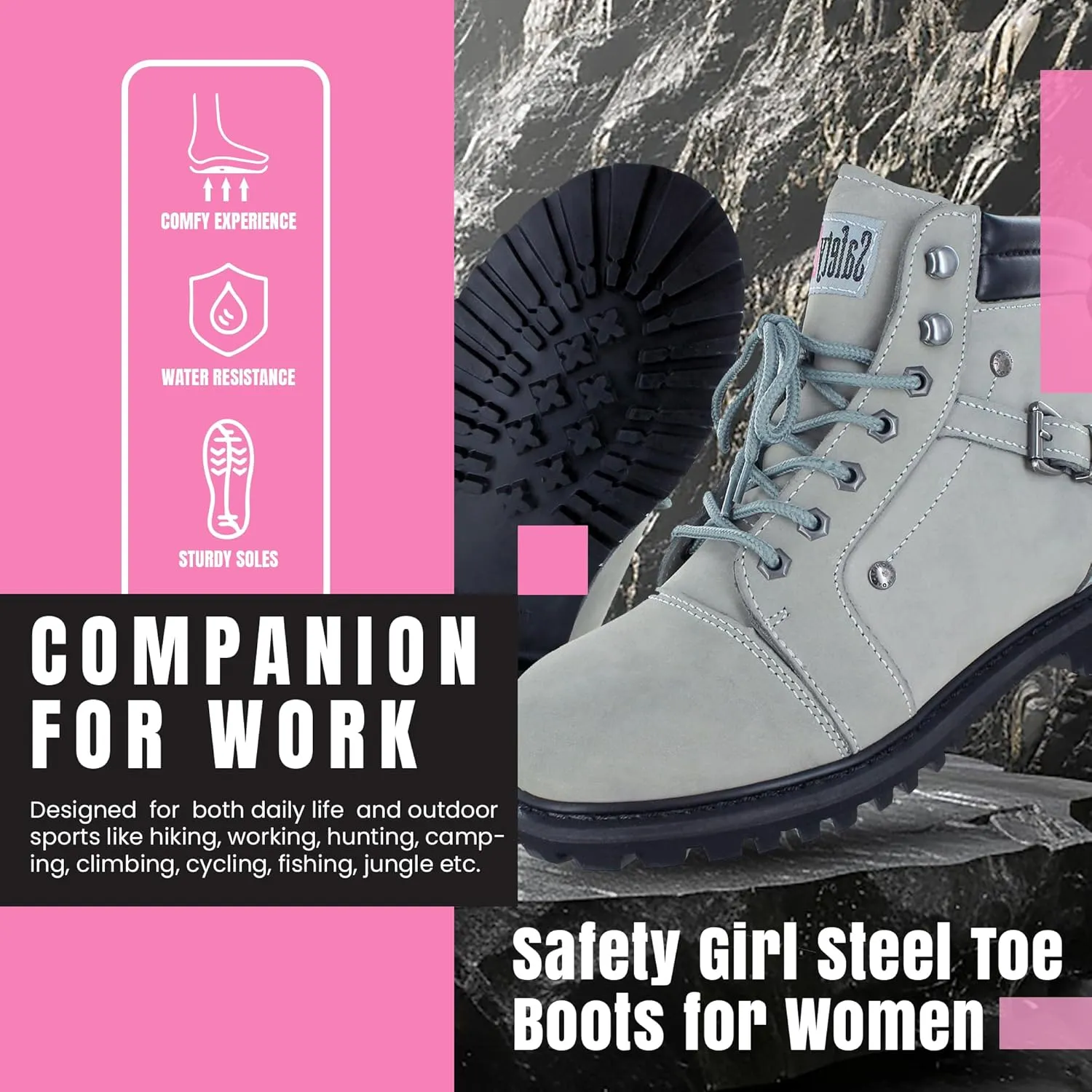 Steel Toe Boots for Women - Light Gray - 9M | Waterproof Women's Fusion Work Boots | Leather Work Boots | Rugged Goodyear Welt Construction | Oil Resistant Outsoles & Cushioned Insoles