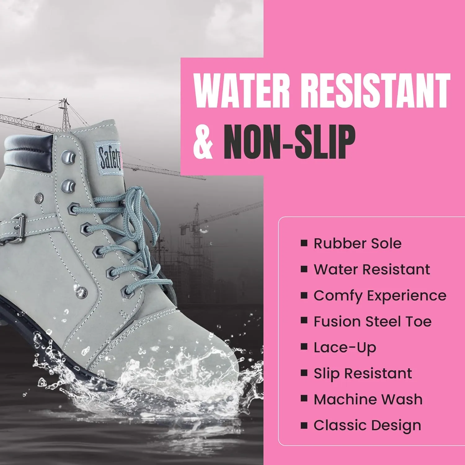 Steel Toe Boots for Women - Light Gray - 9M | Waterproof Women's Fusion Work Boots | Leather Work Boots | Rugged Goodyear Welt Construction | Oil Resistant Outsoles & Cushioned Insoles