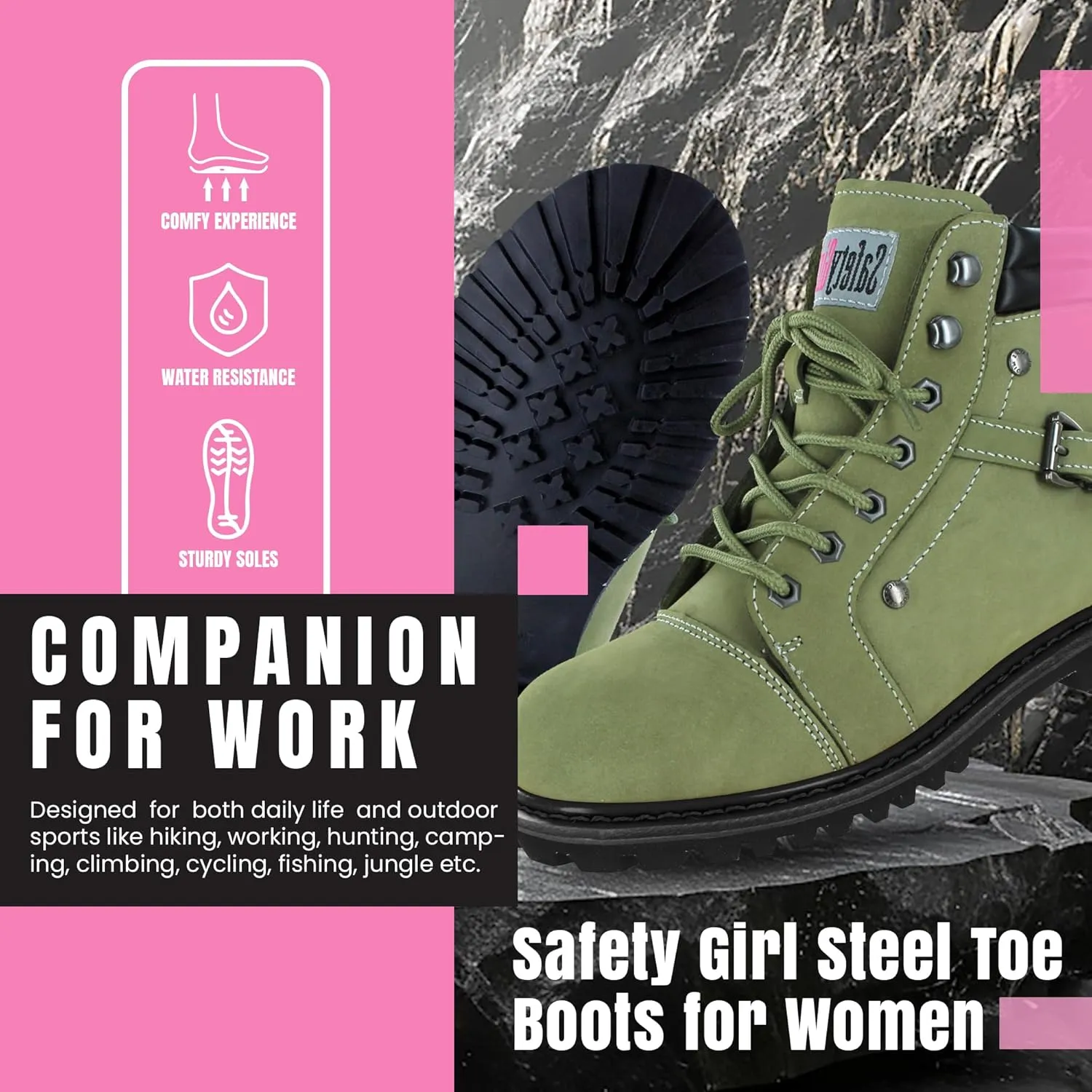 Steel Toe Boots for Women - Moss - 7M | Waterproof Women's Fusion Work Boots | Leather Work Boots | Rugged Goodyear Welt Construction | Oil Resistant Outsoles & Cushioned Insoles