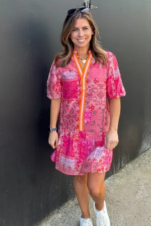 THML-Puff Sleeve Multi Print Dress-Pink