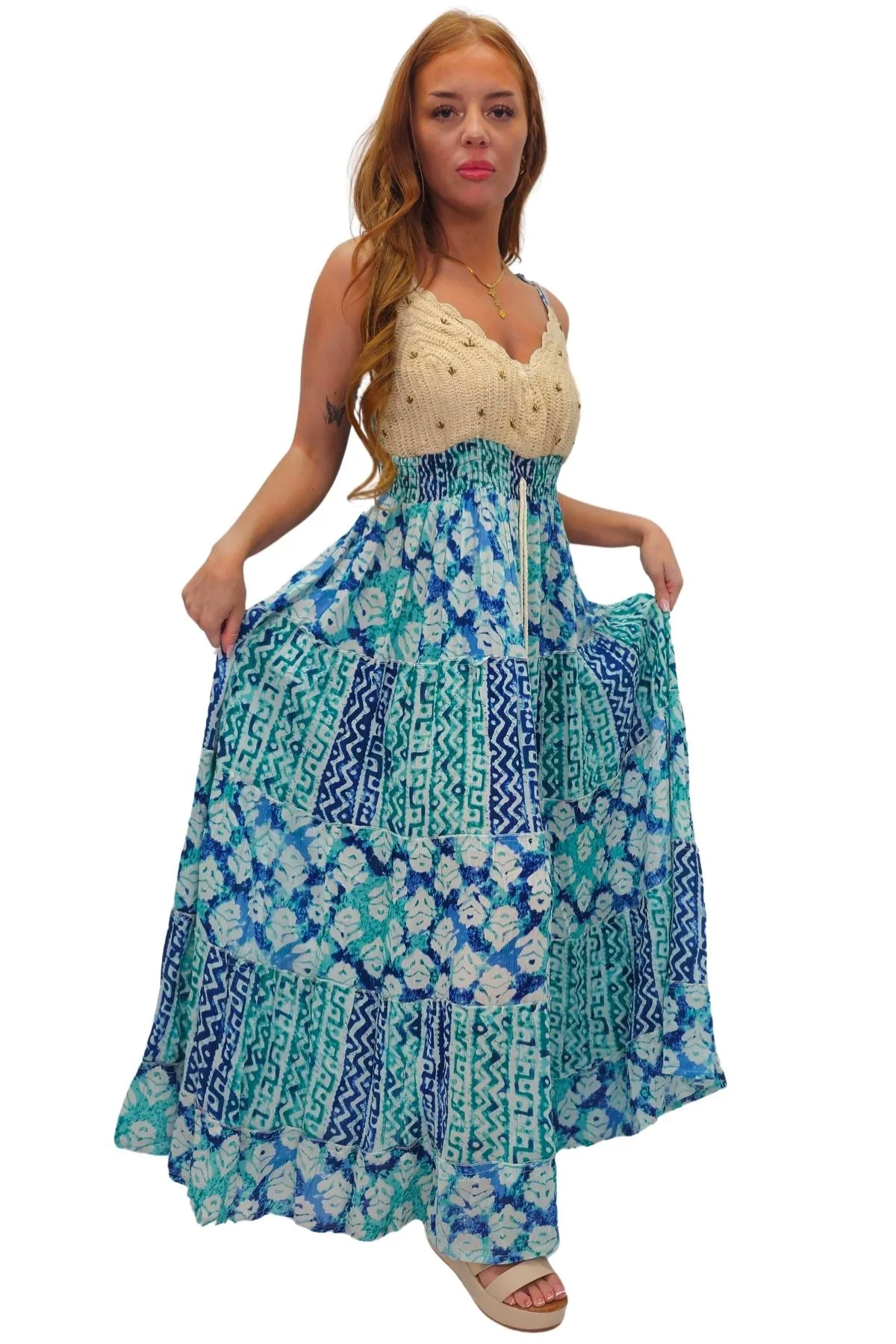 Tie Dye Geometric Print Bohemian Maxi Sleeveless Style Dress
