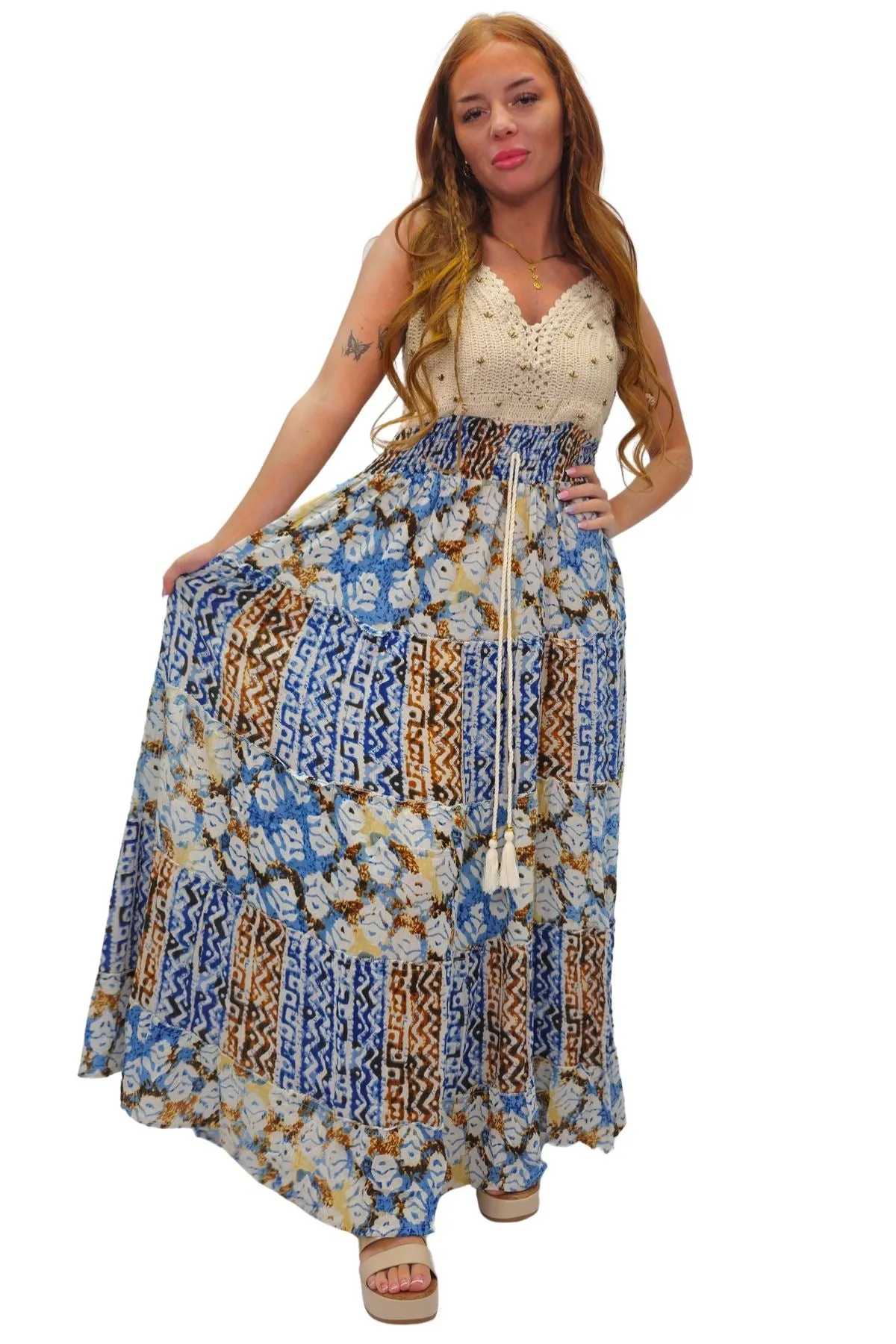 Tie Dye Geometric Print Bohemian Maxi Sleeveless Style Dress