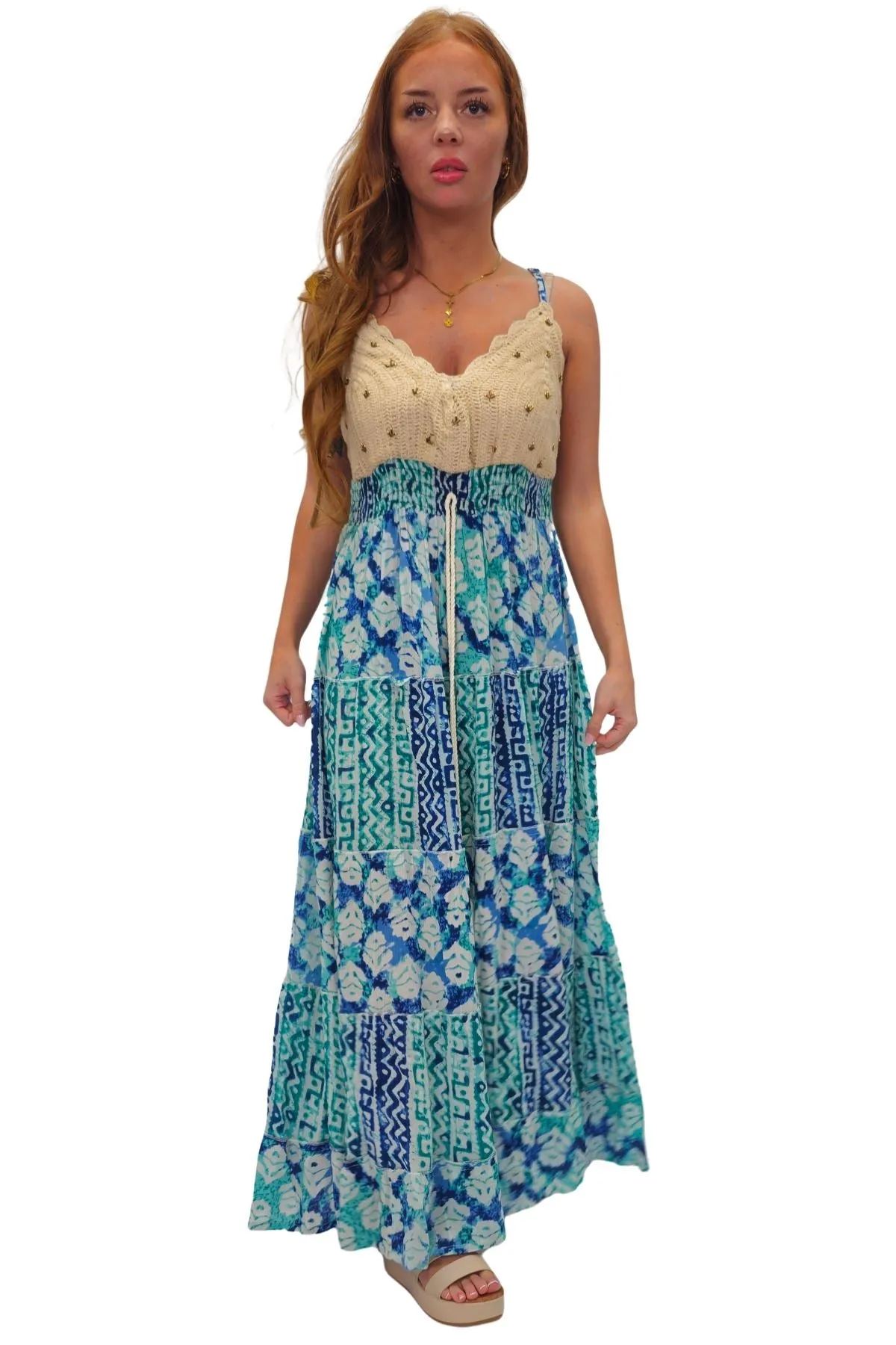 Tie Dye Geometric Print Bohemian Maxi Sleeveless Style Dress