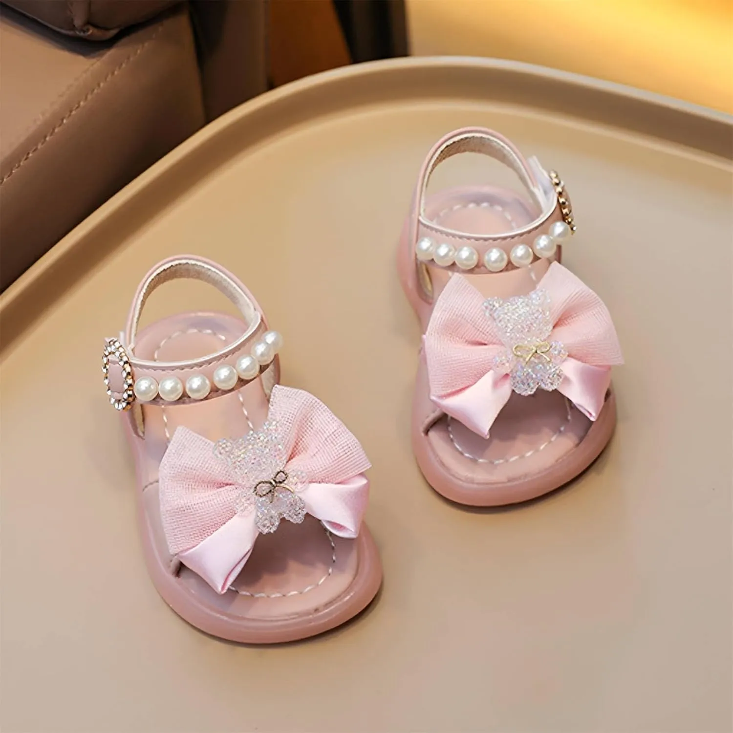 Toddler Baby Girls Open Toe Pearl Sandals Lightweight Cute Beach Holiday Shoes Princess Soft Flats Dress Sandals