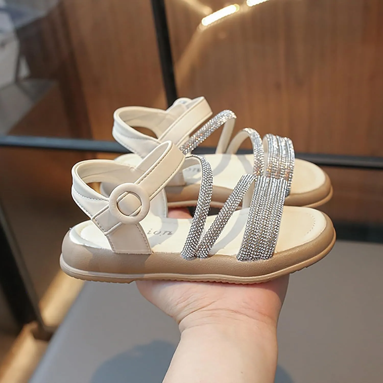 Toddler Girl Sandals Size 9 Boho Big Kids Open Toe Summer Flats Dress Shoes With Glitter Strap