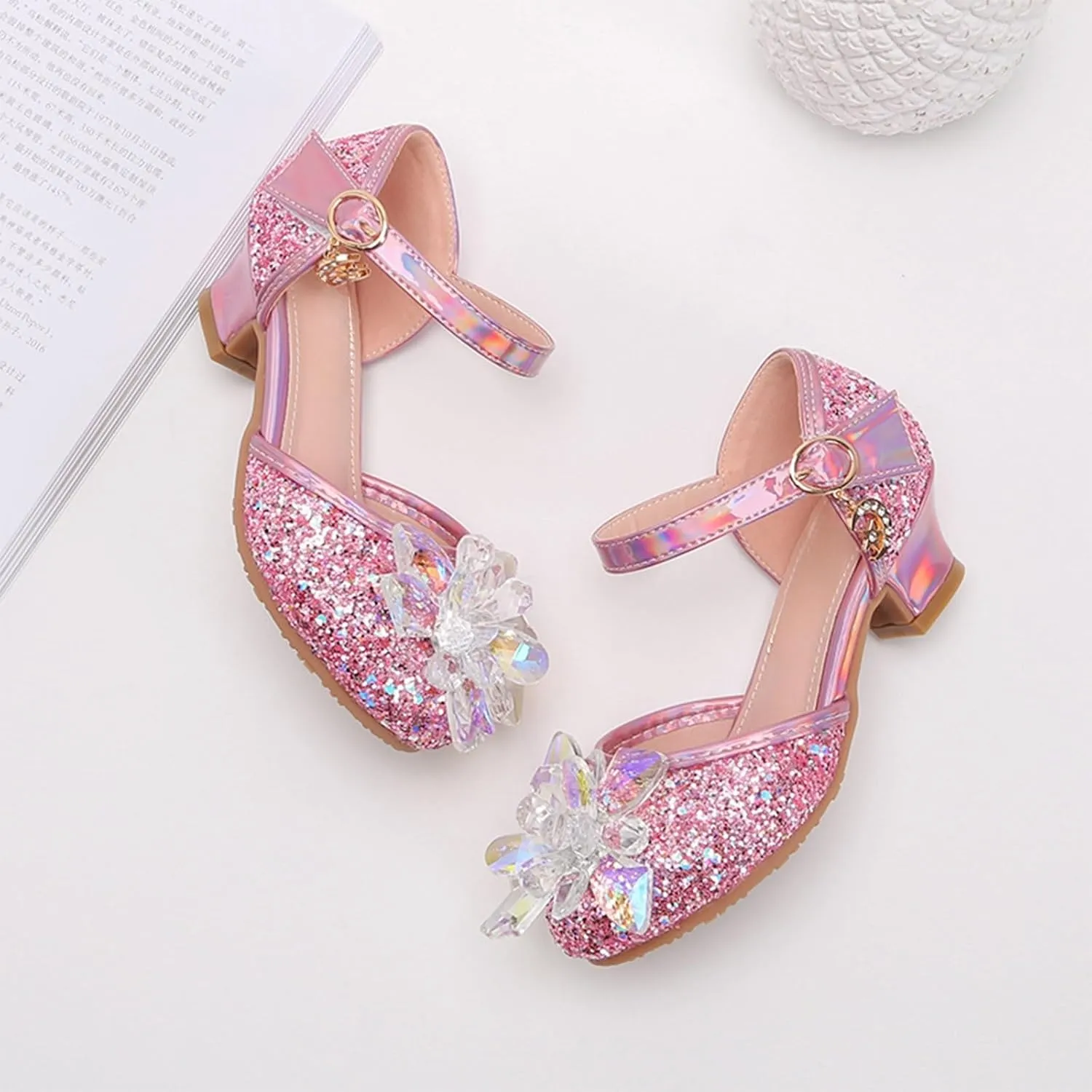 Unisex Slides for Indoor and Outdoor Baotou Princess Shoes Glass Flower Sequins Children's Performance High Heels Little Girl Sandals Children's Adjustable Back Strap Water Sandal