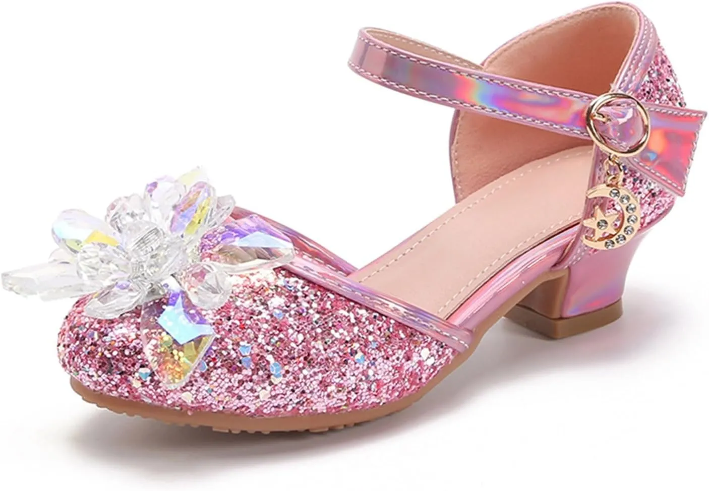 Unisex Slides for Indoor and Outdoor Baotou Princess Shoes Glass Flower Sequins Children's Performance High Heels Little Girl Sandals Children's Adjustable Back Strap Water Sandal