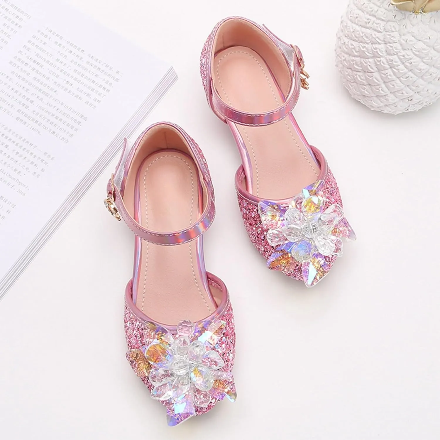 Unisex Slides for Indoor and Outdoor Baotou Princess Shoes Glass Flower Sequins Children's Performance High Heels Little Girl Sandals Children's Adjustable Back Strap Water Sandal