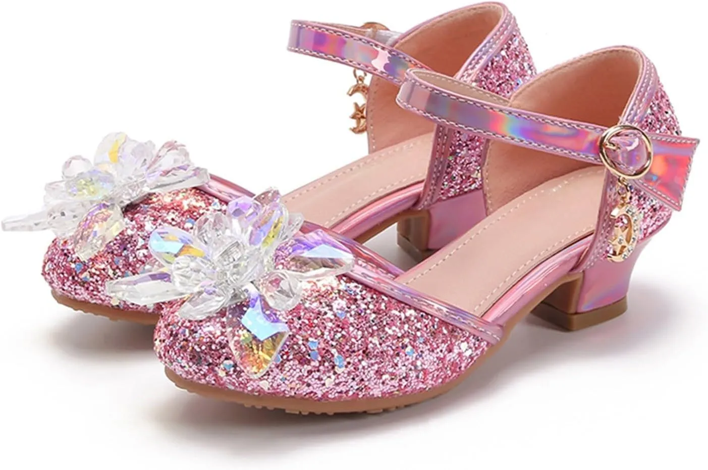 Unisex Slides for Indoor and Outdoor Baotou Princess Shoes Glass Flower Sequins Children's Performance High Heels Little Girl Sandals Children's Adjustable Back Strap Water Sandal