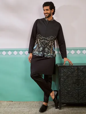 VASTRAMAY Men's Black Satin Silk Nehru Jacket, Kurta And Pyjama Set.