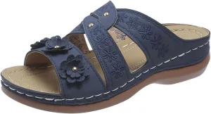 Wedge Sandals for Women Hollow Out Slip On Platform Summer Casual Walking Shoes Orthopedic 3D Flower Decorative Ankle Strap Bohemian Slide Dressy Open Toe Arch Support Flat Flip Flops