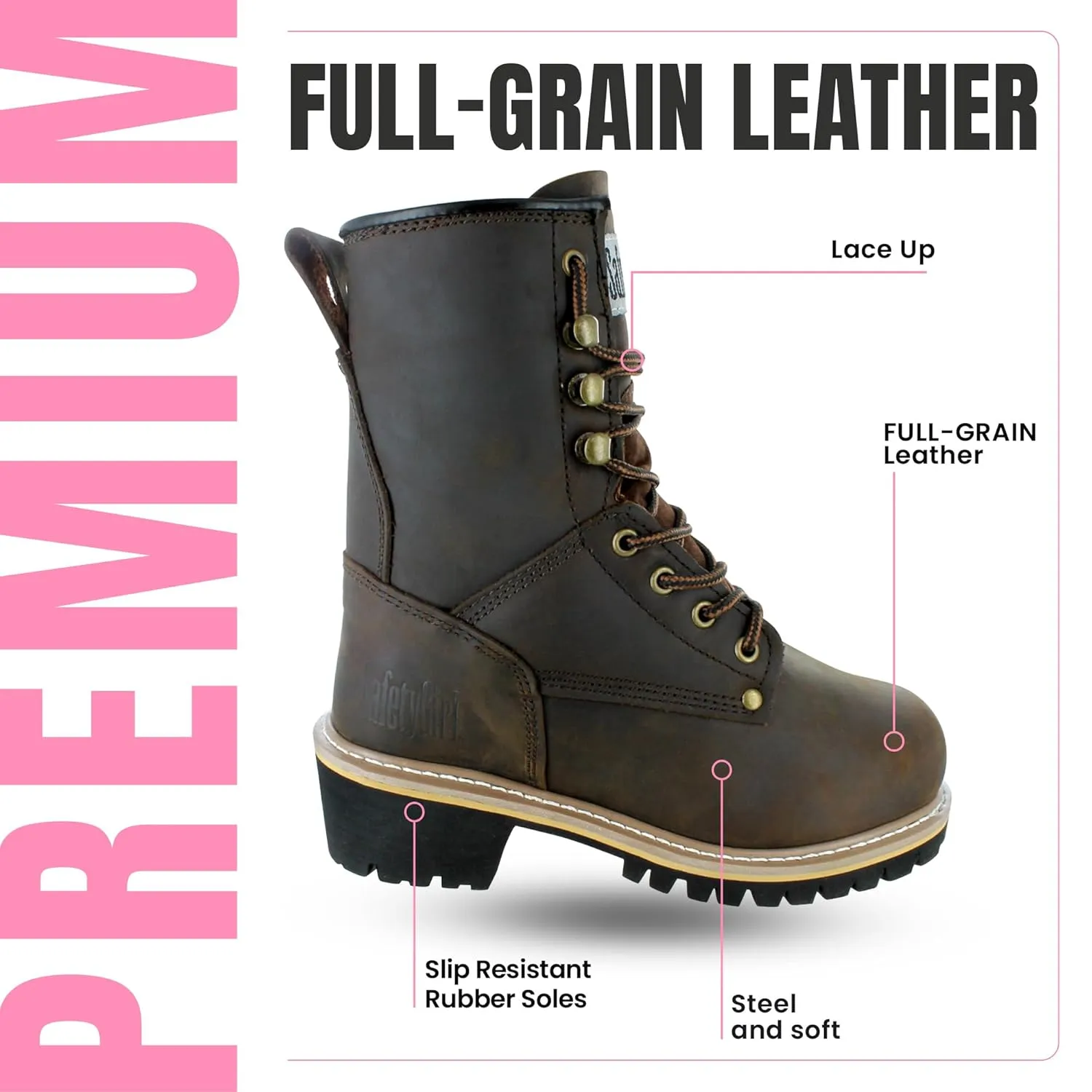 Women's Logger Boots - 7.5M | Construction for Women with Steel Toe, Water-Resistant Full-Grain Leather, Cushioned Insole, Goodyear Welt Outsole | 8" Logger Work - Dark Brown