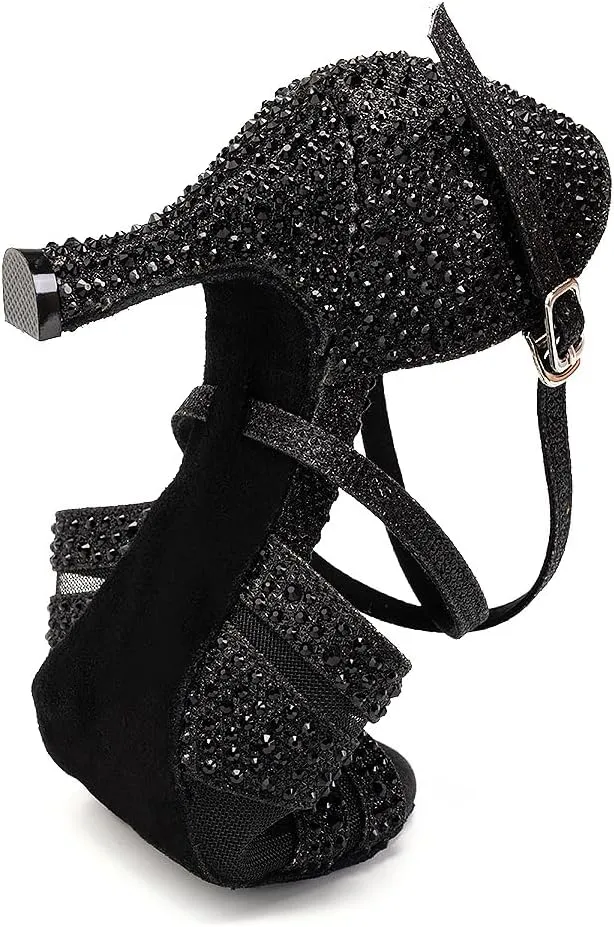 YKXLM Women Latin Dance Shoes Open Toe Rhinestone Glitter Crossing Strap Ballroom Dancing Shoes,1025