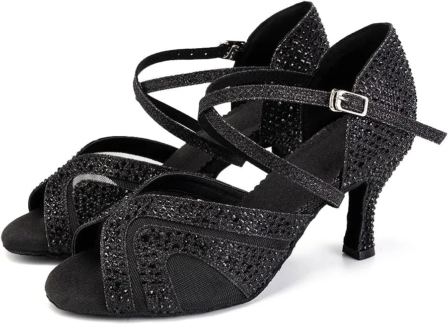 YKXLM Women Latin Dance Shoes Open Toe Rhinestone Glitter Crossing Strap Ballroom Dancing Shoes,1025