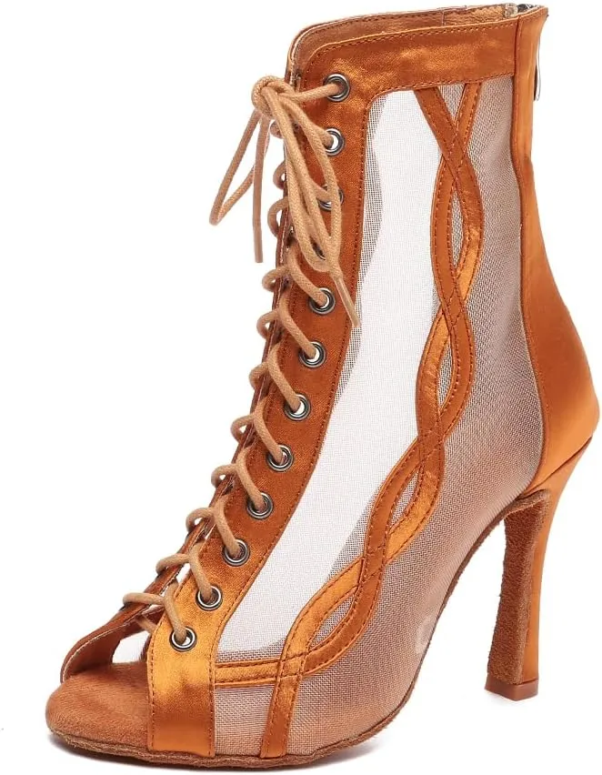 YKXLM Women's Peep Toe Mesh Ballroom Dancing Boots Latin Dance Shoes Salsa Bachata Performance,L582
